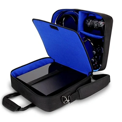Image of USA GEAR Console Carrying Case PS4 Compatible with Playstation 4 Slim, Pro, and PS3 Customizable Interior Stores Games, Controller, Headset, More Gaming Accessories (Blue)