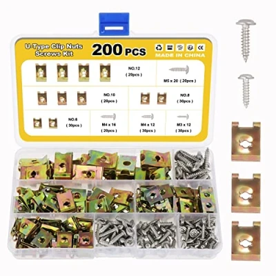 Image of Gueenky 200Pcs U Clips and Screws, 4 Sizes Clip Nuts Car Undertray Screws Metal, Speed Self Tapping Body Screw for Cars Motorcycles