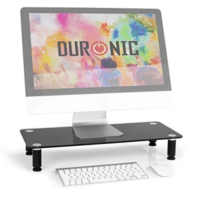 Image of Duronic Monitor Stand Riser DM052 2 Laptop and Screen for Desktop Black Tempered Glass Support a TV or PC Computer Ergonomic Office Desk Shelf 20kg Capacity 56cm x 24cm