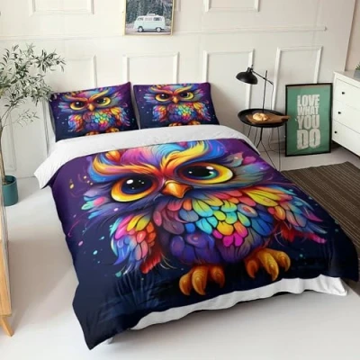 Image of GEEYOU Owl 3D Print Duvet Cover Bedding, for Kids Teens Adults Animal Comforter 3 Piece Quilt Matching Pillowcase with Zipper Closure Soft Microfiber Double（200x200cm）