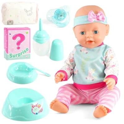 Image of Bibi Doll Interactive Baby 18&quot; With Accessories &amp; Lifelike Features Drink Wet Cry Functions Dummy Bottle Nappy Potty Feeding Playset