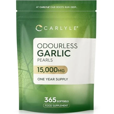Image of Odourless Garlic Capsules 15000mg 365 Count (1 Year Supply) High Strength Oil Pearls with Allicin No Artificial Preservatives by Carlyle