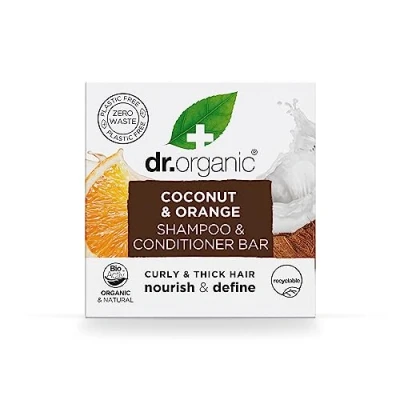 Image of Dr Organic Coconut &amp; Orange Shampoo Conditioner Bar, Nourishing, Curly Thick Hair, Plastic Free, Natural, Vegan, Cruelty Paraben SLS Organic, 75g