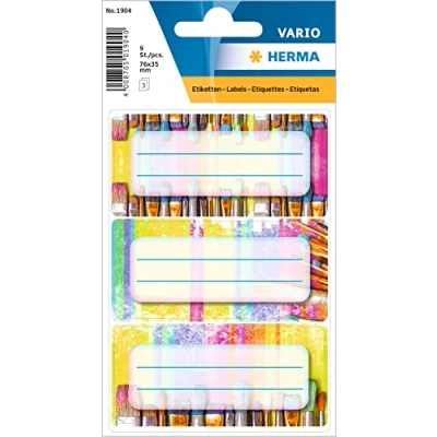 Image of HERMA 1904 Book Labels for Labelling, Brush (76 x 35 mm, 9 Name Stickers, Paper, Matte) Self Adhesive, Permanent Adhesive School Books, Notebooks, Boxes, Household, Colourful