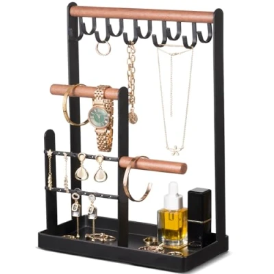 Image of ProCase Jewellery Organiser Stand Holder, 4 Tiers Jewelry Stands Necklace Organizer Earring 10 Hooks Tower Display Rack for Bracelets Watches Rings Gifts Women Blue