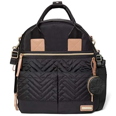 Image of Skip Hop 200675, Multi Function Baby Travel Bag with Changing Pad, Stroller Straps, Bottle and Pacifier Pocket, Vegan Leather, Black Gold Trim, Suite 6 in 1 Diaper Backpack Set