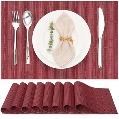 Image of Myir JUN Table Mats Set of 8, Place Placemats Washable Non slip Heat Insulation Woven Vinyl for Kitchen Dinning Restaurant 18&quot;X12&quot; (Red)