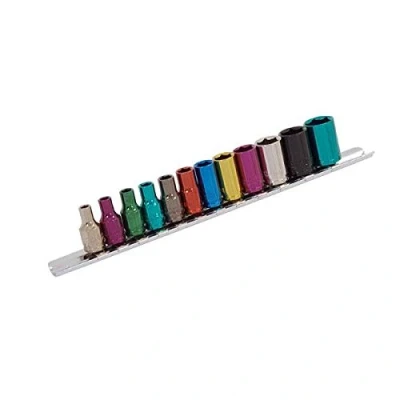 Image of 12 Piece Multi Coloured Socket Set, 1/4&quot; Drive + Wall Rail