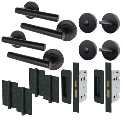 Image of EAI Black Bathroom Door Handle Set Pack of 2 Round T Bar Internal Handles, Thumb Turn &amp; Release Set, Lock Hinges (76mm) Matt Oliena Range