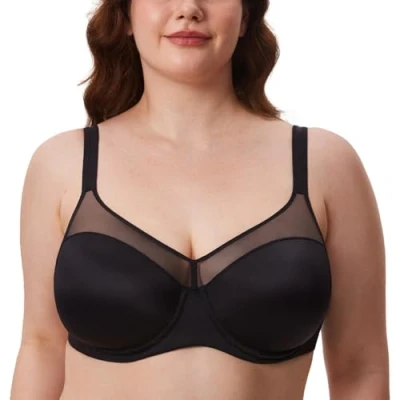 Image of Delimira Women&#039;s Full Coverage Lightly Padded Bra Underwire Mesh Support Comfort T Shirt Black 36DD