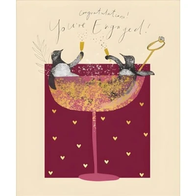 Image of Engagement Congratulations Card You&#039;re Engaged! Penguins and Love Hearts Romantic Design Special Finish Made in the UK Eco Friendly