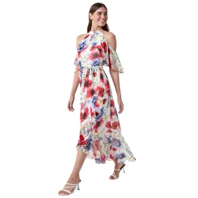 Image of Roman Womens Poppy Floral Frill Halterneck Dress White Size 12 UK