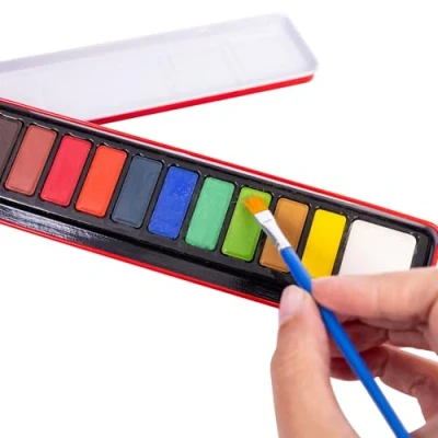 Image of evelay Artist Watercolour Paint Set of 12 Colour Blocks Pans &amp; Paintbrush In Metal Tin
