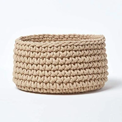 Image of HOMESCAPES Linen Knitted Storage Basket Round W37 x H21cm 100% Cotton Fabric Toys Matching with Pouffes