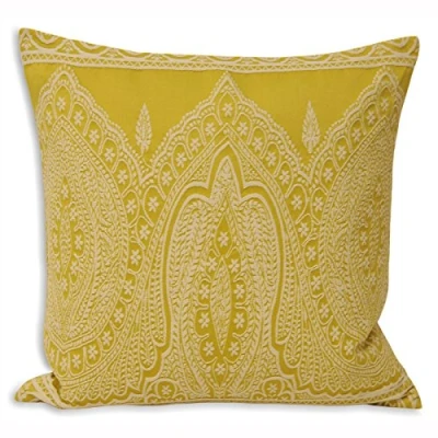Image of Riva Paoletti Paisley Cushion Cover Yellow Detailed Persian Design Knife Edges Hidden Zip Machine Washable PolyCotton 50 x 50cm (20&quot; 20&quot; inches) Designed in the UK