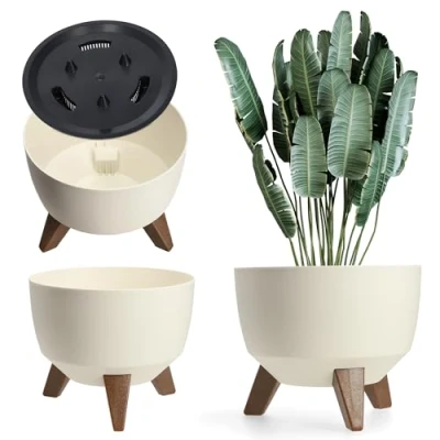 Image of KADAX Elevated Plant Pot, Large Plastic Planter with Legs for Indoor and Outdoor Use, Durable Round Houseplants (⌀ 33 cm, Cream)
