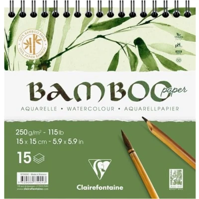 Image of Clairefontaine 975924C Spiral Pad Bamboo Header 15 Sheets 100% Natural White Watercolor Paper Vegan Finely Marked Grain Professional Quality 15x15 cm 250g