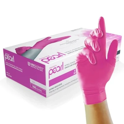 Image of UNIGLOVES Magenta Pearl Nitrile Examination Gloves Multipurpose, Powder Free and Latex Disposable Box of 100 Gloves, Magenta, Medium (GP8503)