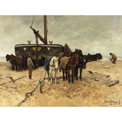 Image of Anton Mauve Fishing Boat On The Beach Large Wall Art Print Canvas Premium Poster Mural