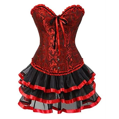 Image of KUOSE Moulin Rouge Fancy Dress Costume Gothic Lace Up Boned Vintage Corset Tutu Skirt