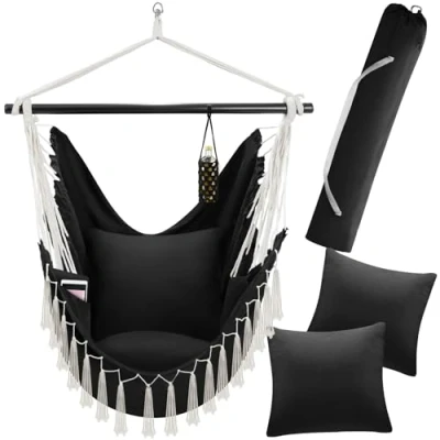 Image of tectake® Hanging Chair in Boho Hammock Style with Tassels, Thick Cushions, Breathable Fabric, Side Pocket &amp; Drink Holder, Incl. Carrying Bag Durable Swing for Indoor Outdoor Use Black
