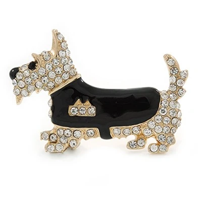 Image of Avalaya Gold Plated Clear Austrian Crystal, Black Enamel Scotty Dog Brooch 55mm L