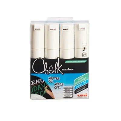Image of uni ball PWE 8K White Liquid Chalk Pens. Multi Purpose Wipeable Coloured Markers for Blackboards, Chalkboards, Whiteboards, Glass, Mirrors, Plastic, Windows, Metal. Safe Kids. Chisel Tip. 4 Pack