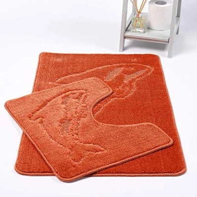 Image of Bath Mat Set 2 Piece Non Slip Rubber Pedestal and Toilet Dolphin Bathroom Rug New, Teracotta