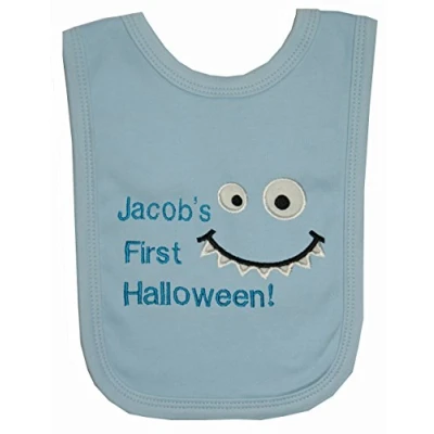 Image of Baby 1st Monster Face Personalised Applique Halloween Bib. (Blue)