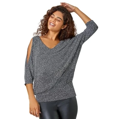 Image of Roman Originals Cold Shoulder Split Sleeves Shimmer V Neck Blouson Top Ladies Fashion Tops for Party Formal Dressy Evening Special Christmas Winter New Year Occasions Silver &amp; Black Size 20