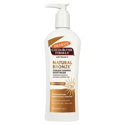 Image of Palmers Natural Bronze Tanner 250ml Cocoa Butter Formula Body Lotion, Sunkissed Summer Golden Tan Glow Dry Skin, Stretch Marks &amp; Scarring Skincare Sunbed Tanning Moisturiser curl hair jojoba scrub