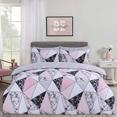 Image of Dreamscene Marble Geometric Duvet Cover with Pillow Case Bedding Set Reversible Shapes, Grey Blush Pink Double