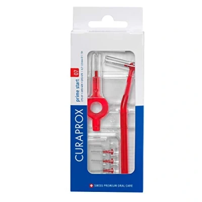 Image of Curaprox, CPS 07 prime start interdental brush set, starter set with 5 brushes, 2 different holders, 2.5 mm effectiveness, red