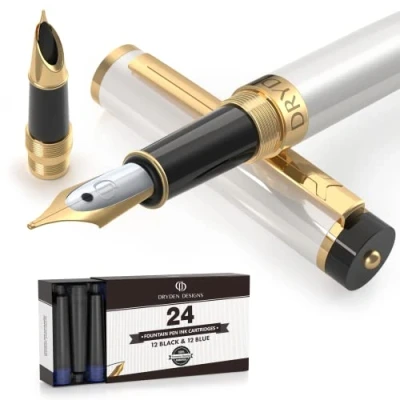 Image of Dryden Designs Fountain Pen Medium and Fine Nibs Includes 24 Ink Cartridges Refill Converter Calligraphy Pen, Consistent Writing, Smooth Flow Pearl White