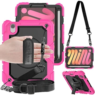 Image of TECHGEAR UTILITY Case for iPad Mini 7/6, 7th / 6th Generation 8.3&quot; 2024/2021, Tough Rugged HEAVY DUTY Armour Shockproof with 360 Rotating Stand, Hand Strap and Shoulder Pink