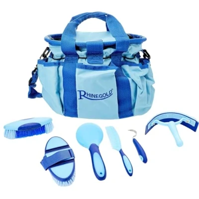 Image of Rhinegold BLUE Grooming Bag with KIT, 7 Pieces Equestrian Gift Set that Includes All Types of Horse Hair Brush, Curry Comb, and Hoof Pick a Multipurpose