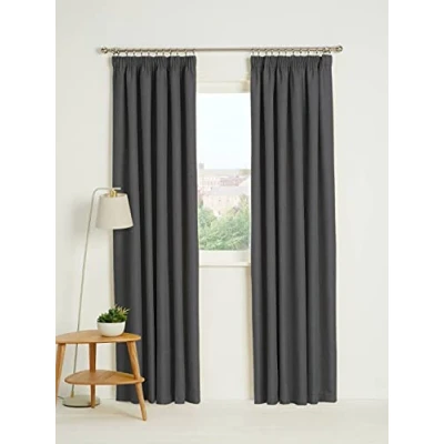 Image of Kinfolk Textile Blackout Thermal Pencil Pleat Tape Top Insulated Pair of Curtains Including 2 Tiebacks (Charcoal Grey, 46&quot; x 54&quot;)