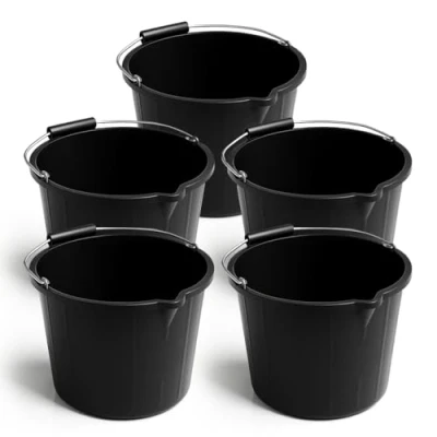 Image of 5X Bucket 3 Gallon Heavy Duty Black Builders 14L Plastic Metal Handle