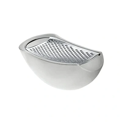 Image of Alessi Parmenide AARU01 I Design Grater with Cheese Cellar, in Thermoplastic Resin Polished Steel, Ice