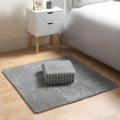 Image of OHS Foam Play Mat, 9 Tiles Baby Floor Mat Soft Teddy Interlocking Babies Toddlers Kids Mats for Playing Durable Exercise Tiles, Grey 30cm x