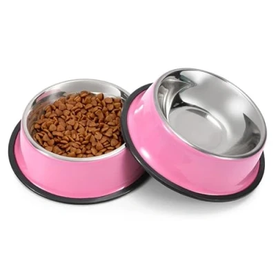 Image of WERFORU 2 Pieces Dog Bowls, Stainless Steel Cat Bowls Pet For Feeding Water and Food, Pink Medium Size