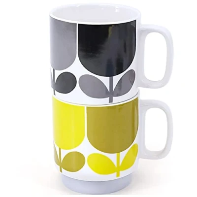 Image of Orla Kiely Set of 2 Stacking Mugs Ceramic Block Flower Slate/Ochre Gift Boxed