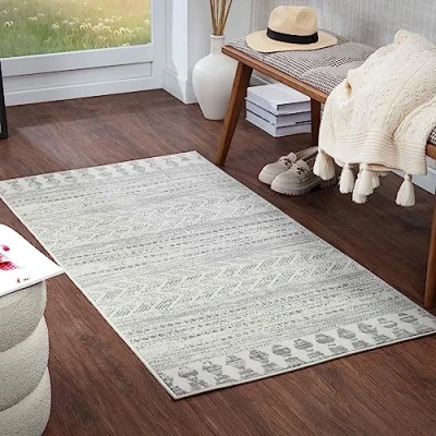 Image of Livabliss Oslo Geometric Rug Scandi Runner Rugs Living Room 80x150 cm, Hallway, Kitchen Neutral, Patterned Carpet Runners, Boho Style, Easy Care Large Rug, White and Grey