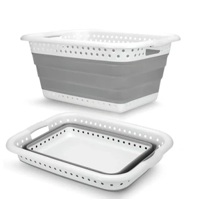 Image of Collapsible Laundry Baskets Plastic Washing Basket 37L Folding with Rubber Handles Space Saving Hamper for Clothes, Bedding, Towels, Etc