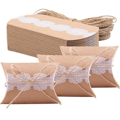 Image of Allbusky 50PCS Kraft Paper Candy Boxes, Pillow Sweet Wedding Favour Lace Party Gift Creative Treat Boxes