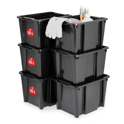 Image of Iris Ohyama, Plastic tool Storage Boxes No lid, but with ergonomic handles, 45L, Set of 6, Stackable, Nestable, BPA Free, Attic, Shed, Garage, HB 15 Body, Black