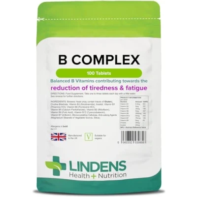 Image of Lindens Vitamin B Complex, 100 Tablets with 8 Vitamins, B1,B2,B3,B5,B6,B7,B9,B12 Reduce of Tiredness &amp; Fatigue, Immune Support UK Made, Vegan, GMP Letterbox Friendly