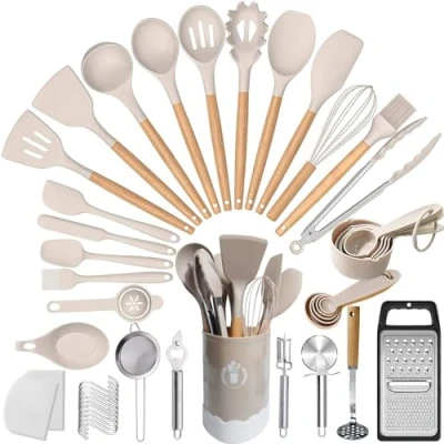 Image of UXIYI Silicone Kitchen Utensils Set, 46pcs Cooking Utensil Spatula Set with Holder for Nonstick Heat Resistant Gadgets, Khaki