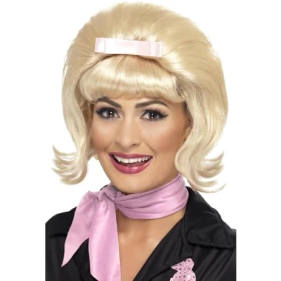 Image of Smiffys 50s Flicked Beehive Bob, Blonde with Ribbon Bow, 1950&#039;s Rock&#039;n&#039;Rolla Fancy Dress, 1950s Dress Up Wigs