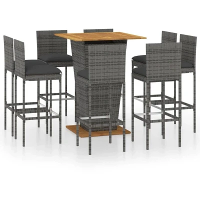 Image of 9 Piece Garden Bar Set with Cushions Poly Rattan Grey vidaXL